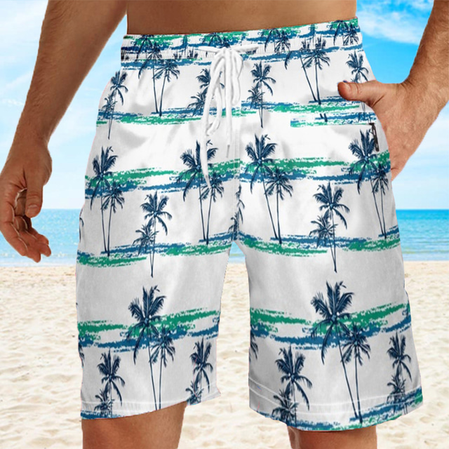  Men's Board Shorts Swim Shorts Swim Trunks Summer Shorts Beach Shorts Drawstring with Mesh lining Elastic Waist Coconut Tree Graphic Prints Quick Dry Short Casual Daily Holiday Boho Hawaiian White