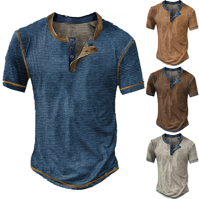  Herr Waffle Henley Shirt T-shirts Rutig Henley Utomhus Ledigt Kortärmad Knapp Kläder Mode Designer Bekväm