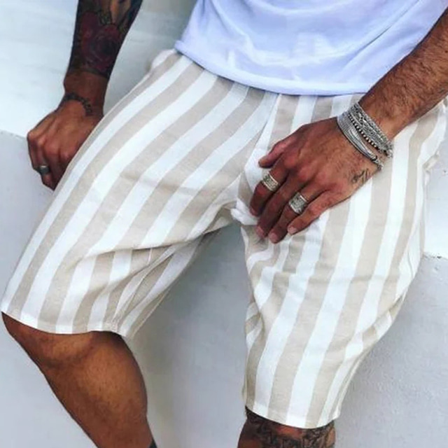  Men's Shorts Summer Shorts Beach Shorts Pocket Drawstring Elastic Waist Stripe Outdoor Daily Going out Streetwear Stylish White Blue