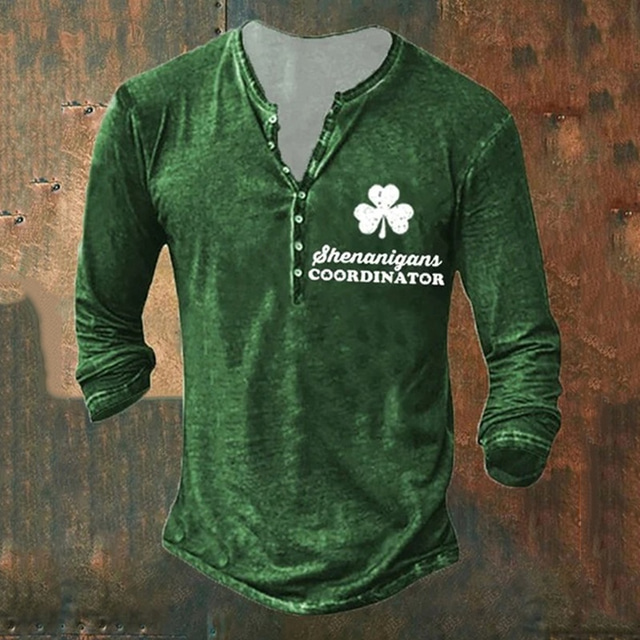  St.Patrick's Day Men's Henley Shirt Tee Graphic St. Patrick's Day Clover Henley Clothing Apparel 3D Print Outdoor Casual Long Sleeve Button-Down Print Fashion Designer