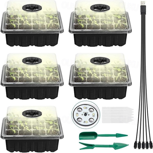  5 Pack Seed Starter Trays with Grow Light, Seedling Starter Trays Adjustable Humidity Dome, Durable Seed Starter Kit for Seeds Growing Starting