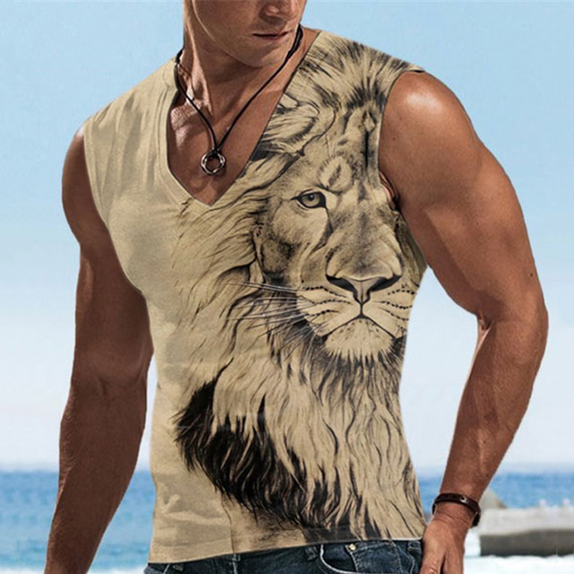  Herr Linne Ärmlös T-shirt för män Grafisk Djur Lejon V-hals Kläder 3D-tryck Sport Löpning Ärmlös 3D-utskrift Designer Ledigt Muskel