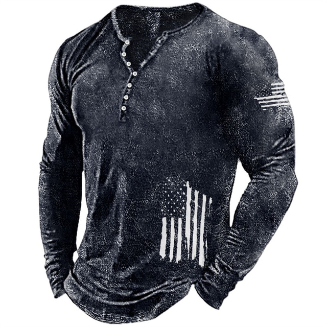  Men's Graphic Prints National Flag Henley Shirt Graphic Tee Long Sleeve Shirt Long Sleeve T shirt Hot Stamping Henley Shirt Designer Basic Modern Contemporary Street Vacation Going out Black Red Navy