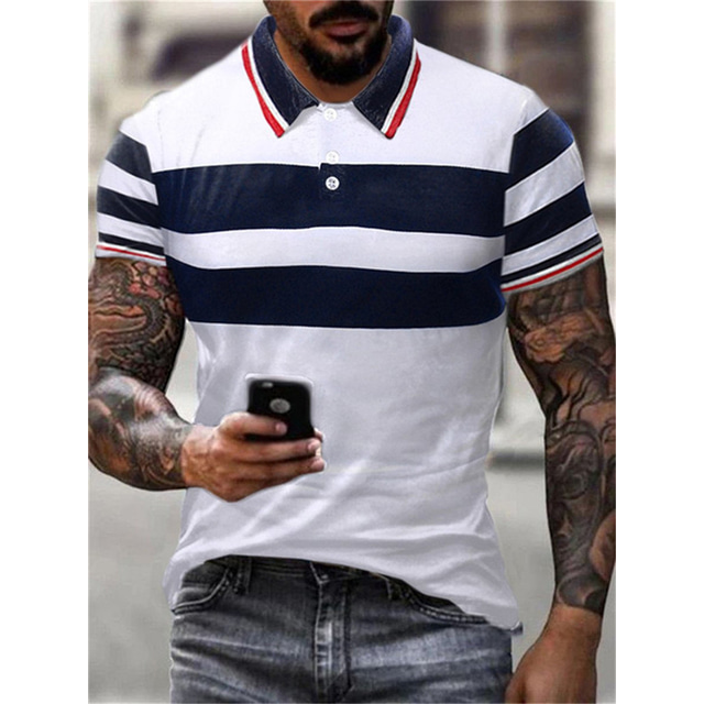  Men's Polo Shirt Golf Shirt Striped Graphic Prints Turndown Navy Blue Gray Outdoor Street Short Sleeves Button-Down Print Clothing Apparel Sports Fashion Streetwear Designer