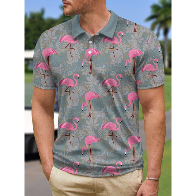  Kentucky Derby Men's Flamingo Hawaiian Polo Shirts Golf Shirt Short Sleeve Polo Shirts Collared Shirts Casual Beach Wear Vacation Wear Tropical Wear Party Outfits Buttons 3D Print Gray