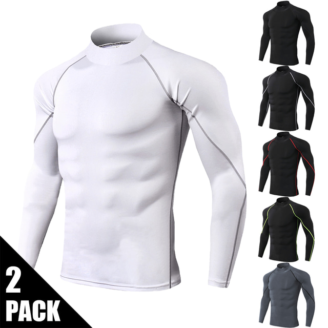  Arsuxeo - Camiseta de compresión de capa base para hombre, 2 unidades, cuello alto, manga larga, para correr