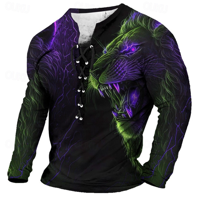 男性用 Tシャツ グラフィック 動物 ライオン カラー 衣類 3Dプリント 日常 お出かけ 長袖 レースアップ プリント ポリエステル ファッション デザイナー 快適