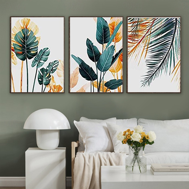  wydruki na płótnie wall art oryginalnie zaprojektowane oprawione rośliny tropikalne zdjęcia minimalistyczny akwarela palm monstera zielony liść do salonu biuro sypialnia łazienka 3 sztuka 12x18