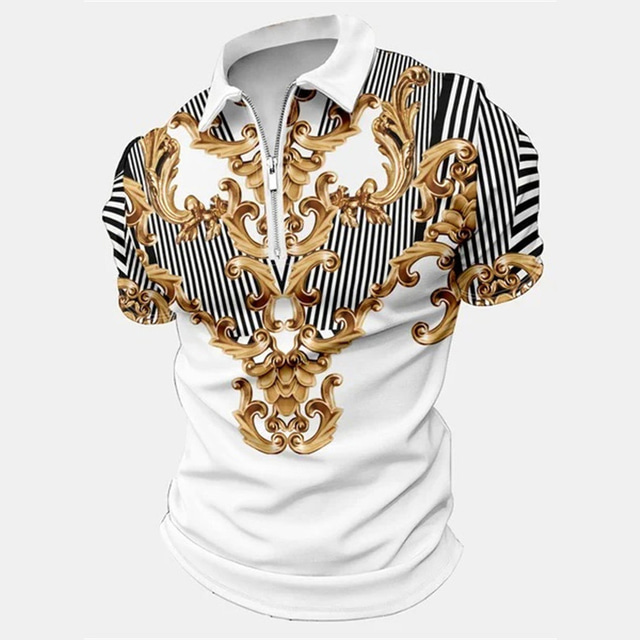  Men's Baroque Zip Polo Shirts Golf Shirt Short Sleeve Polo Shirts Collared Shirts Vintage Casual Vacation Wear Party Outfits 3D Print Quarter Zip Polo Black White Yellow