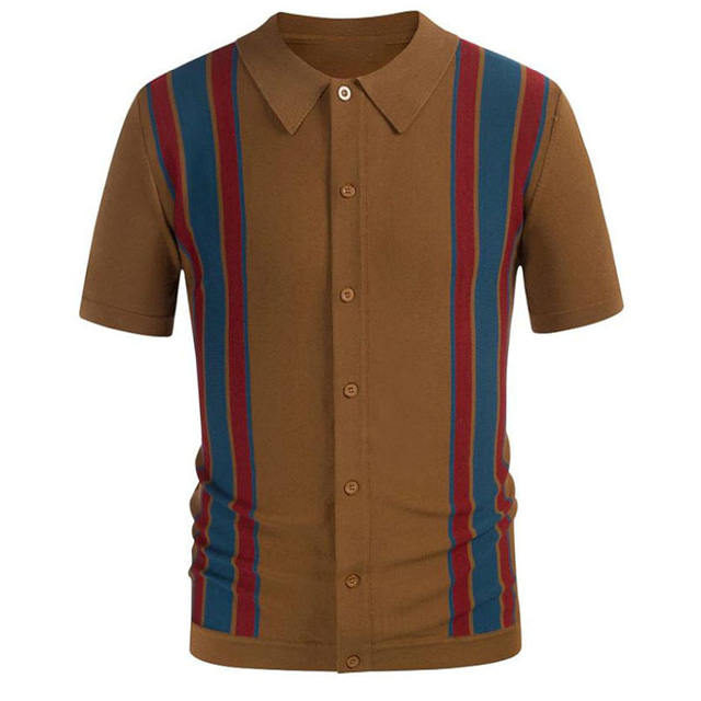  Herr Stickad Polo Golftröja Casual Polokrage Knapp Kort ärm Vintagestil Gamla pengar stil Rand Knapp Fram Sommar Vår Svart Brun Mörkblå Stickad Polo