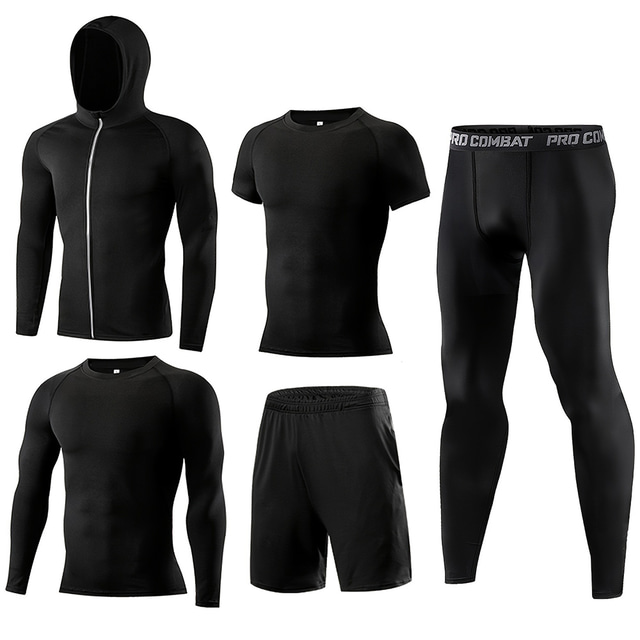  5 részes férfi tréningruha, sportos, légáteresztő, nedvességelvezető puha fitnesz futás jogging sportruházat aktív ruházat egyszínű fekete
