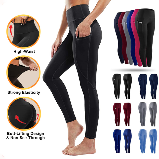  Women's Sports Gym Leggings Compression Tights Leggings Side Pockets Bottoms Athletic Athleisure Cotton Tummy Control Butt Lift Breathable Running Jogging Training Sportswear Activewear Solid Colored