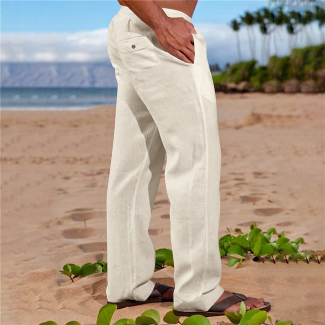 Męskie Lniane spodnie Spodnie Letnie spodnie Kieszeń Równina Komfort Oddychający Na zewnątrz Codzienny Wyjściowe Moda Moda miejska Czarny Biały