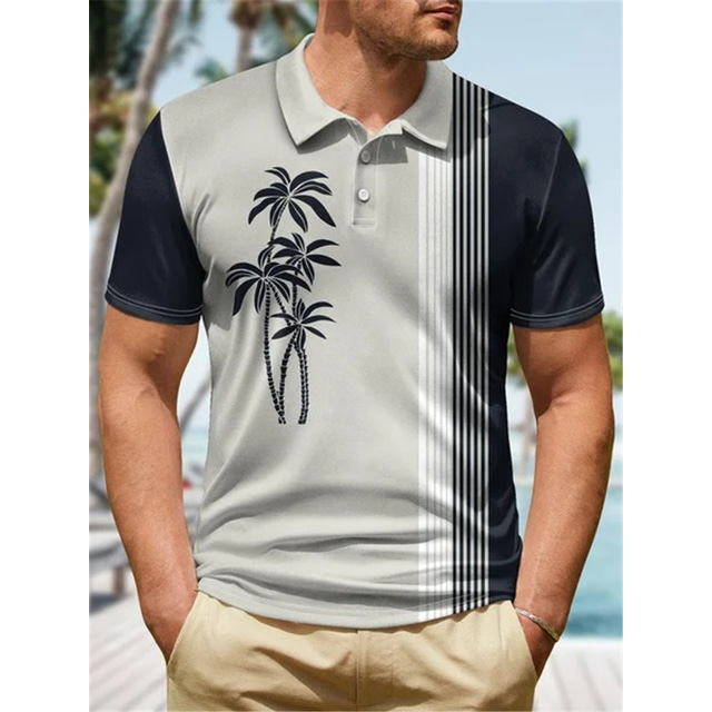  Men's Polo Shirt Golf Shirt Coconut Tree Graphic Prints Leaves Turndown Navy Blue Blue Green Gray Outdoor Street Short Sleeves Button-Down Print Clothing Apparel Sports Fashion Streetwear Designer