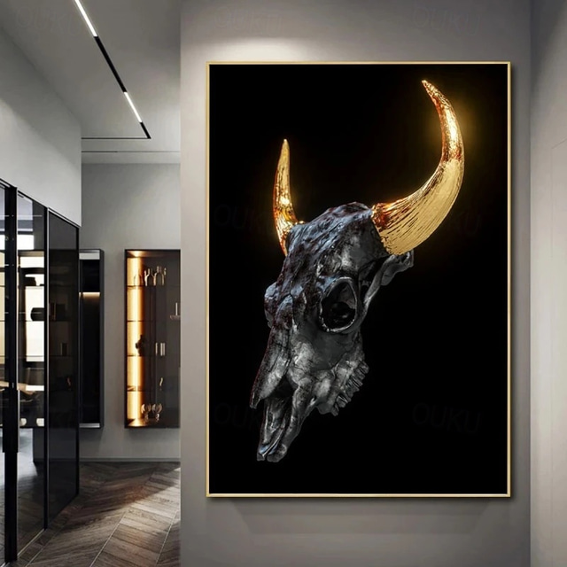  Gold Metal Horns Bull Skull Statue Art Canvas Painting Posters and Prints Wall Art Pictures for Living Room Wall Decor