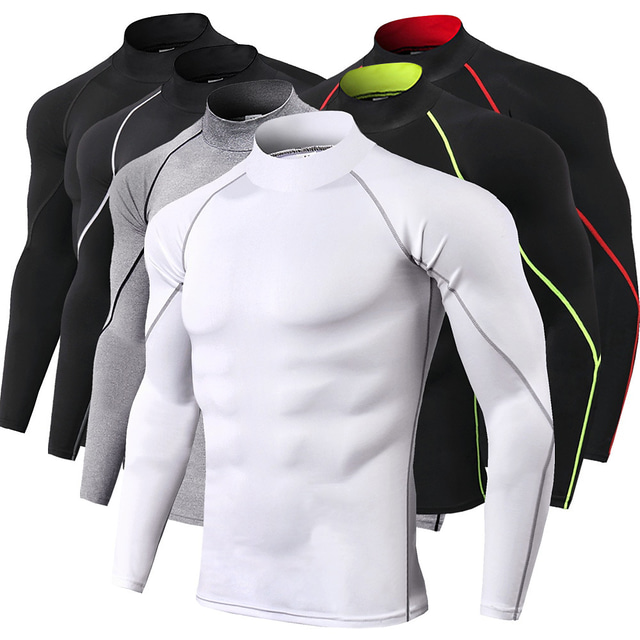  Men's Compression Shirt Running Base Layer Stripe-Trim Long Sleeve Top Athletic Winter High Neck Spandex Breathable Moisture Wicking Soft Running Active Training Jogging Sportswear Activewear Solid