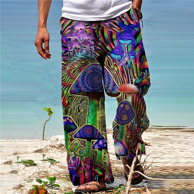  Men's Trousers Summer Pants Beach Pants Drawstring Elastic Waist 3D Print Graphic Prints Mushroom Comfort Casual Daily Holiday Cotton Blend Streetwear Hawaiian Red Purple