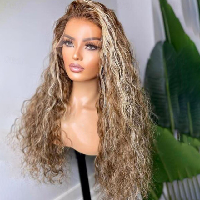  jungfru brasiliansk blond höjdpunkter spets frontal peruk vatten våg människohår genomskinlig hd spets front peruker