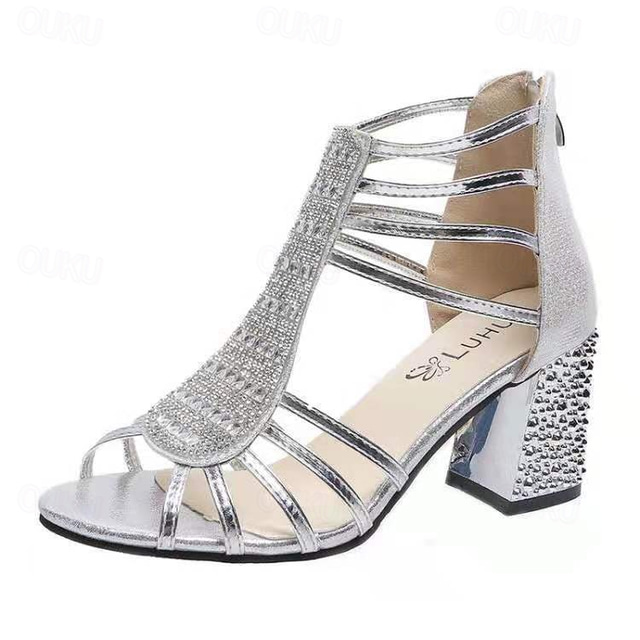  Women's Gold Strappy Block Heel Sandals with Rhinestone Detailing, Sparkly Open Toe Party Shoes for Weddings, Evening Events, and Formal Occasions