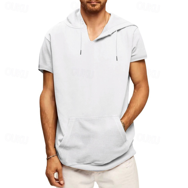  Homens Camiseta Manga Curta Com Capuz Verão Tecido Moda Casual Diário Bolso frontal Ao ar livre Para Noite Preto Branco Azul Top Tee para Homens
