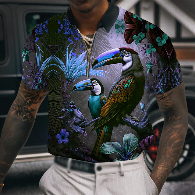  Men's Polo Shirt Zip Polo Hawaiian Polo Shirt Golf Shirt Floral Bird Graphic Prints Turndown Red Blue Purple Green Outdoor Street Short Sleeves Zipper Print Clothing Apparel Fashion Designer Casual