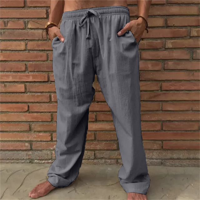  Men's Linen Pants Trousers Summer Pants Beach Pants Drawstring Elastic Waist Straight Leg Plain Comfort Outdoor Casual Daily Streetwear Stylish Brown Khaki