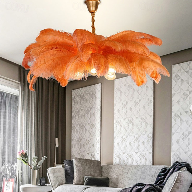  led závěsné světlo lustr nádherný extra velký 80cm 6-světlo bílé kytice z pštrosího peří závěsné světlo romantické namontované svítidlo pro restauraci ložnice