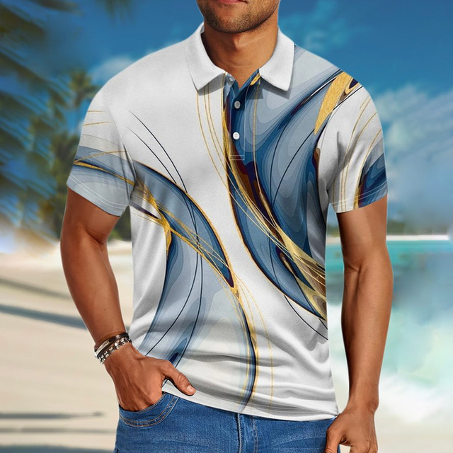  Men's Polo Shirt Lapel Polo Button Up Polos Golf Shirt Gradient Graphic Prints Linear Turndown Custom Print Blue Dark Blue Gray+Blue Blue+Blue Outdoor Street Short Sleeves Print Clothing Apparel