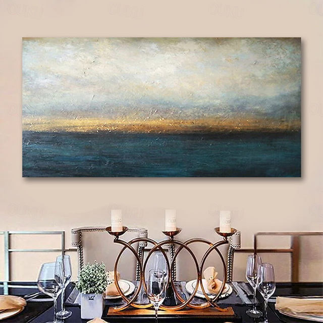  håndlaget oljemaleri lerret veggkunst dekorasjon blått og gyllent landskap for hjemmeinnredning strukket ramme hengende maleri 90*45cm/100*50cm