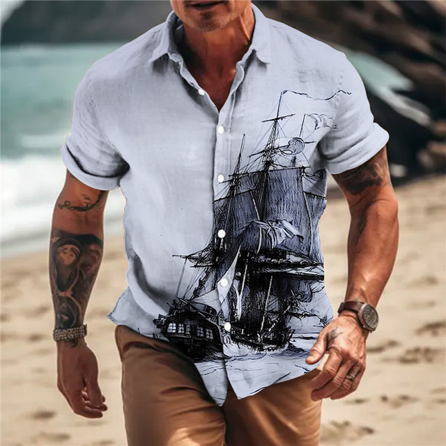  Men's Nautical Vintage Sailboat Shirt Button Up Shirt Short Sleeve Vintage Fashion Designer Outdoor Casual Summer Spring Turndown Print Lake blue Blue Orange Green Khaki
