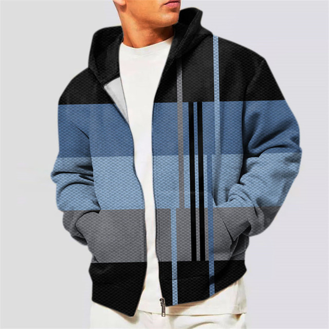  karierter Kapuzenpullover für Herren, bequeme Farb-Sweatshirts, grafische durchgehende Reißverschlussjacke, blau, braun, grün, mit Kapuze