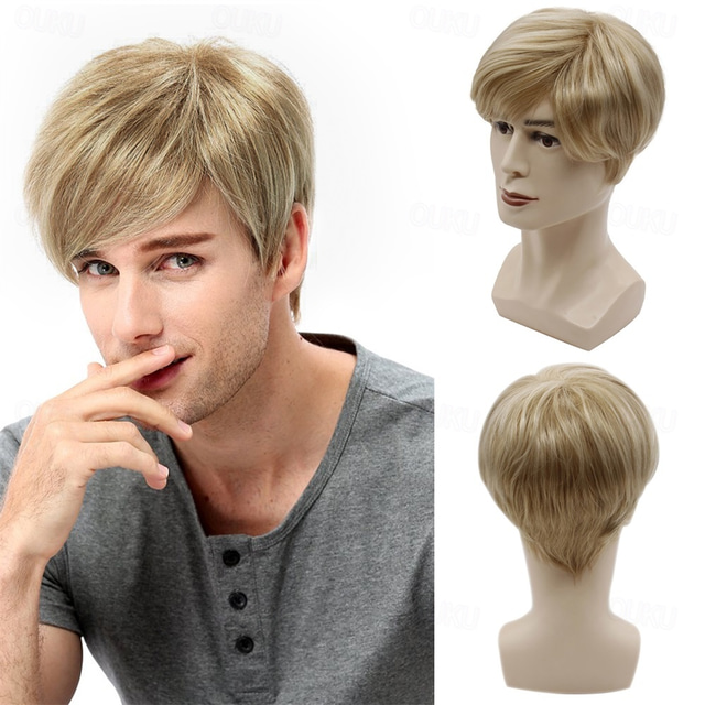  korte heren blonde pruik rechte synthetische pruik voor mannelijk haar wollige natuurlijke toupetje pruiken