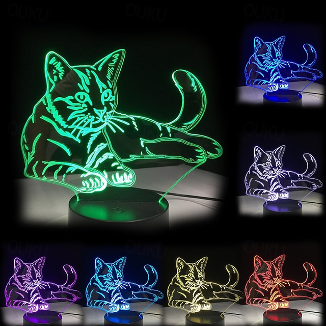  USB 3D LED Night Light, 7 Colors Changing Cat Illusion Lamp, Touch Control Night Light Perfect Decoration & Gift for Cat Lovers