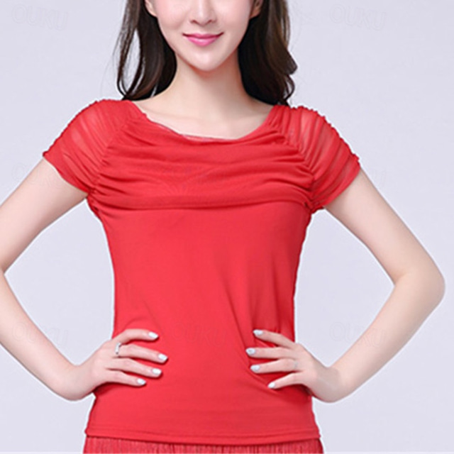  Latin Dance Ballroom Dance Activewear Top Ruffles Pure Color Splicing Women's Performance Training Short Sleeve Mesh Milk Fiber