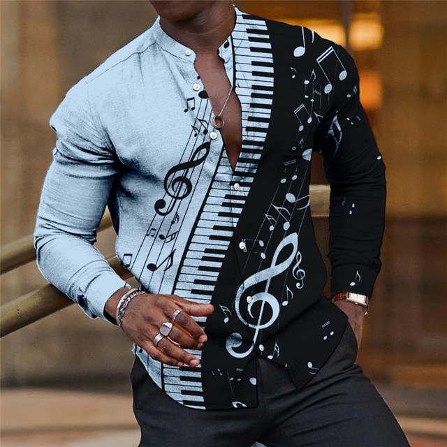  Homens Camisa Social Estampas Abstratas Música Notas Pano Keys Colarinho Chinês Branco Rosa Azul Verde Cáqui Ao ar livre Rua Manga Longa Imprimir Roupa Moda Roupa de rua Designer Casual