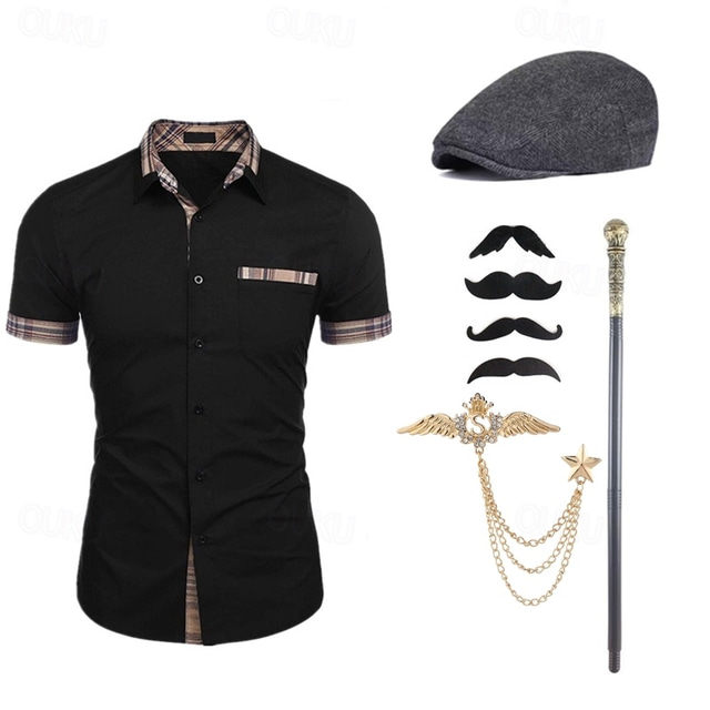  Mens 1920s Gangster Shirt with Accessories Set the Great Gatsby Retro Vintage Cosplay Costume Hat Beard Brooch Cane