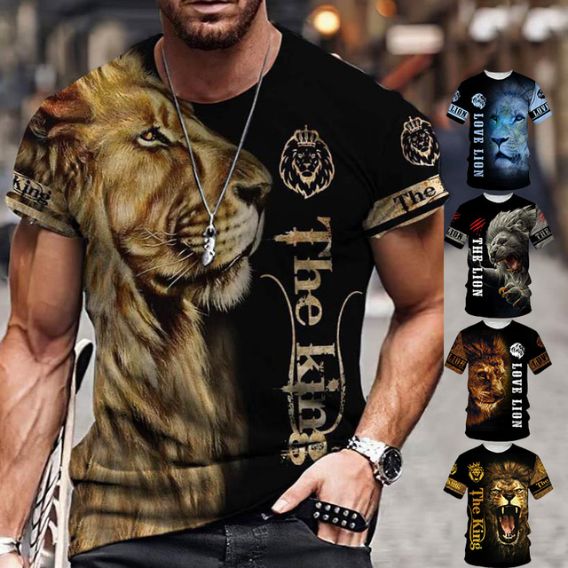  King T-Shirt Mens 3D Shirt For Birthday | Black Summer Polyester | Men'S Unisex Tee Tiger Graphic Prints Crew Neck White Silver+Golden Yellow 3D Outdoor Street