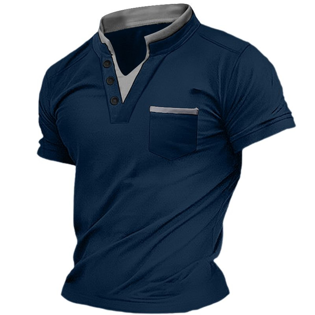  Men's Henley Shirt Tee Top Plain V Neck Street Vacation Short Sleeves Front Pocket Clothing Apparel Fashion Designer Basic