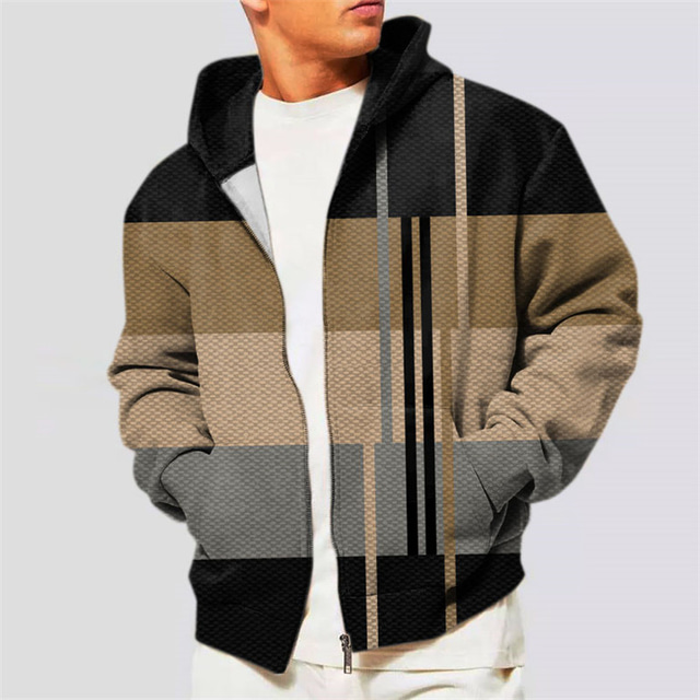  Checkered Hoodie Mens Graphic Full Zip Jacket Blue Brown Green Hooded Color Block Prints Zipper Sports & Outdoor Daily 3D Streetwear Plaid Casual Black Cotton