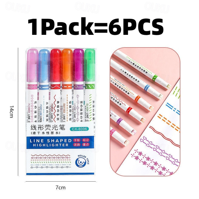 6pcs Pack Curve Highlighter Pen Flower-shaped Curve Line Highlighters 