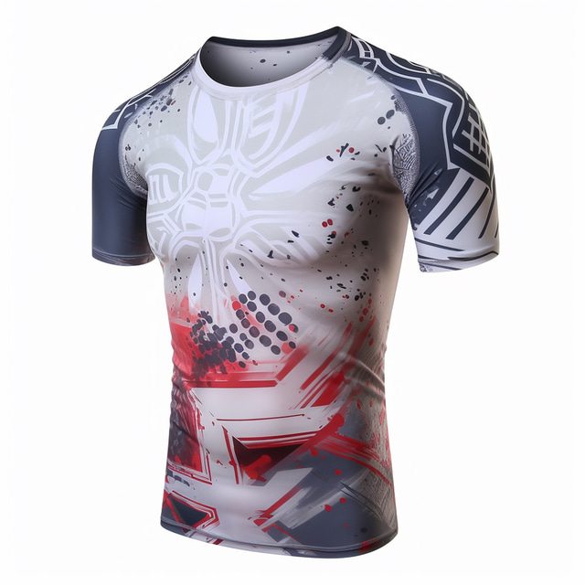  Men's Compression Shirt Running Shirt Short Sleeve Base Layer Top Athletic Athleisure Breathable Moisture Wicking Soft Fitness Gym Workout Running Sportswear Activewear Graphic White Red Light Grey