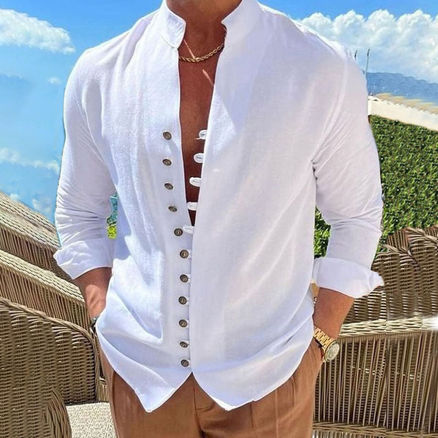  Men's Shirt Linen Shirt Button Up Shirt Casual Shirt Summer Shirt Black White Pink Long Sleeve Plain Band Collar Summer Spring &  Fall Daily Vacation Clothing Apparel