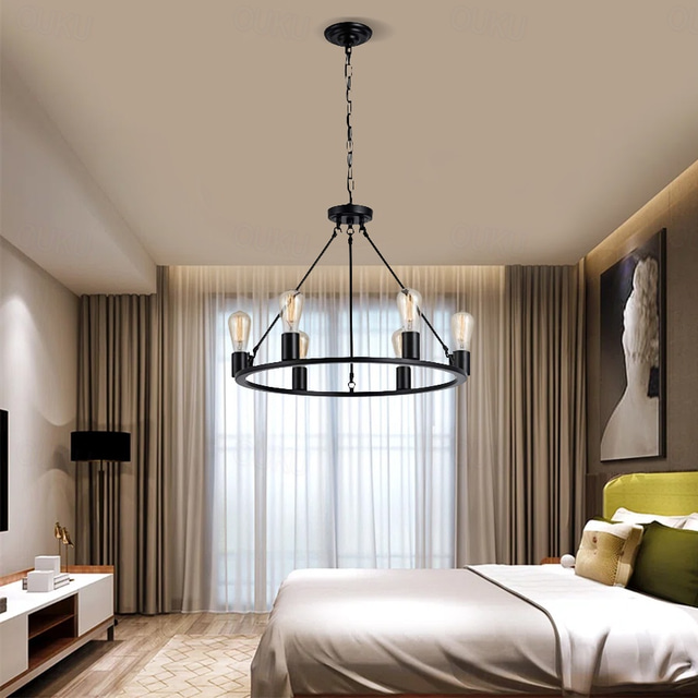 LED Pendant Light Vintage Painted Metal Chandelier Lighting, with 6/8/10/12 Lights, Rustic Vintage Farmhouse Chandelier Lighting, Carriage Wheel Pendant, Black
