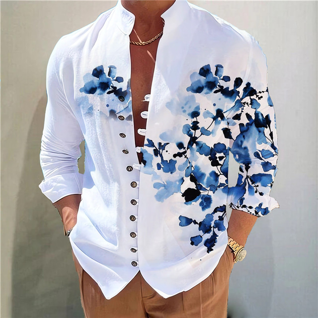  Men's Shirt Floral GraphicStand Collar Yellow Blue Purple Green Gray Outdoor Street Long Sleeve Print Clothing Apparel Fashion Designer Casual Comfortable