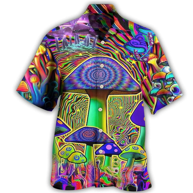  Men's Hippie Colorful Mushroom Shirt Summer Hawaiian Shirt Button Up Shirt Short Sleeve Sports Fashion Streetwear Outdoor Casual Hawaiian Summer Spring Cuban Collar Print Black Blue Purple
