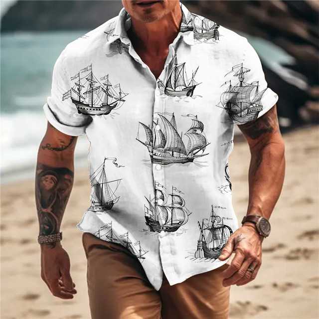  Homme Ancre Rétro Vintage Boussole Chemise Chemise boutonnée Manche Courte Rétro Vintage Mode Design Extérieur Casual Eté Printemps Col rabattu Imprimer Noir Blanche Jaune Bleu Gris