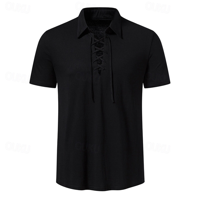  Men's Medieval Viking Polo Shirt T-shirt Traditional Retro Style Lace up Short Sleeve Shirts Hippie Matching