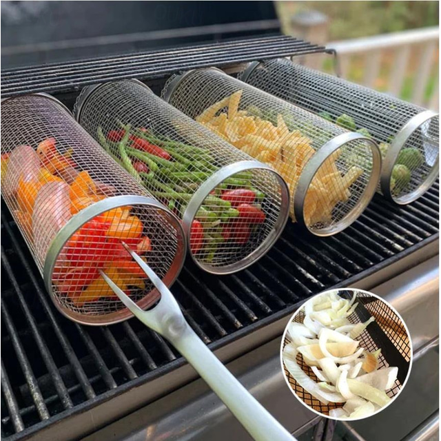  Rolling Grill Basket - SUS304 Stainless Steel Barbecue Cooking Grill Grate - Outdoor Round BBQ Campfire Grill Grid - Camping Picnic Cookware