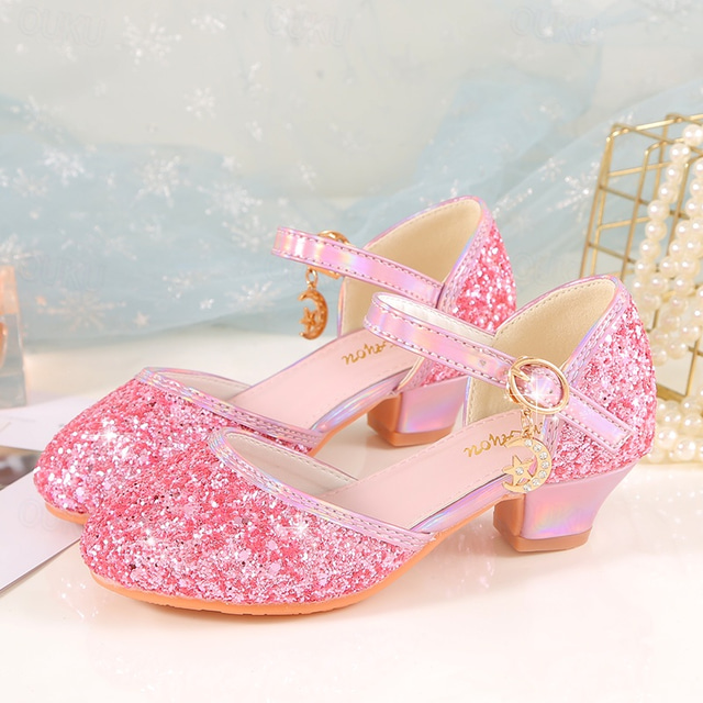  Girls' Sparkly Glitter Dress Shoes – White Mary Jane Heels with Moon Charm Strap for Weddings, Parties, and Formal Events