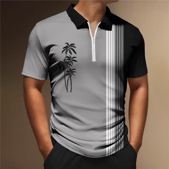  Voor heren POLO Shirt Polo met rits Golfshirt Kokosnootboom Gestreept Grafische prints Geometrie Strijkijzer Zwart Wit Geel Leger Groen Rood Buiten Straat Korte Mouw Vetoketju Afdrukken Kleding